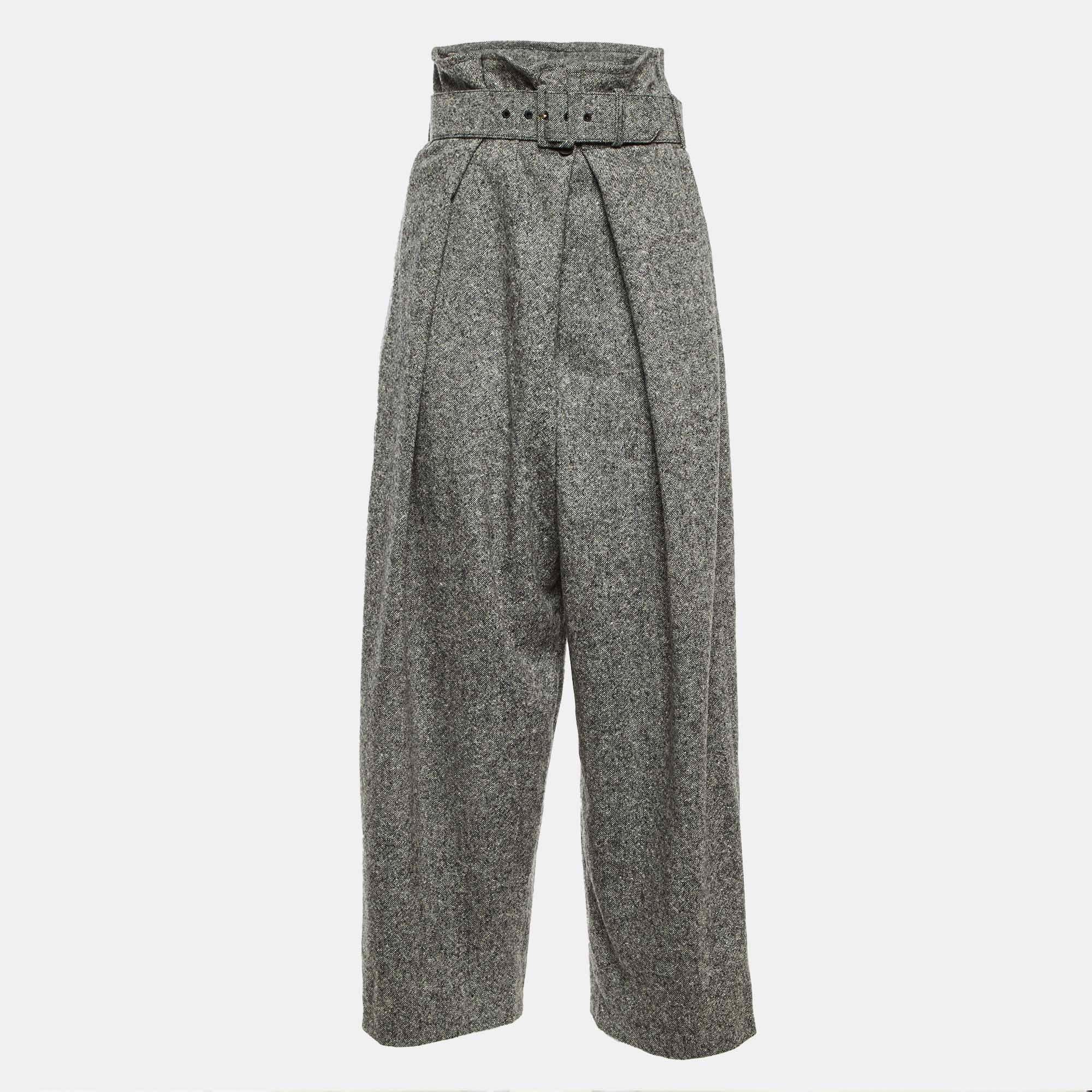 

Stella McCartney Grey Wool Paper Bag Waist Belted Trousers M