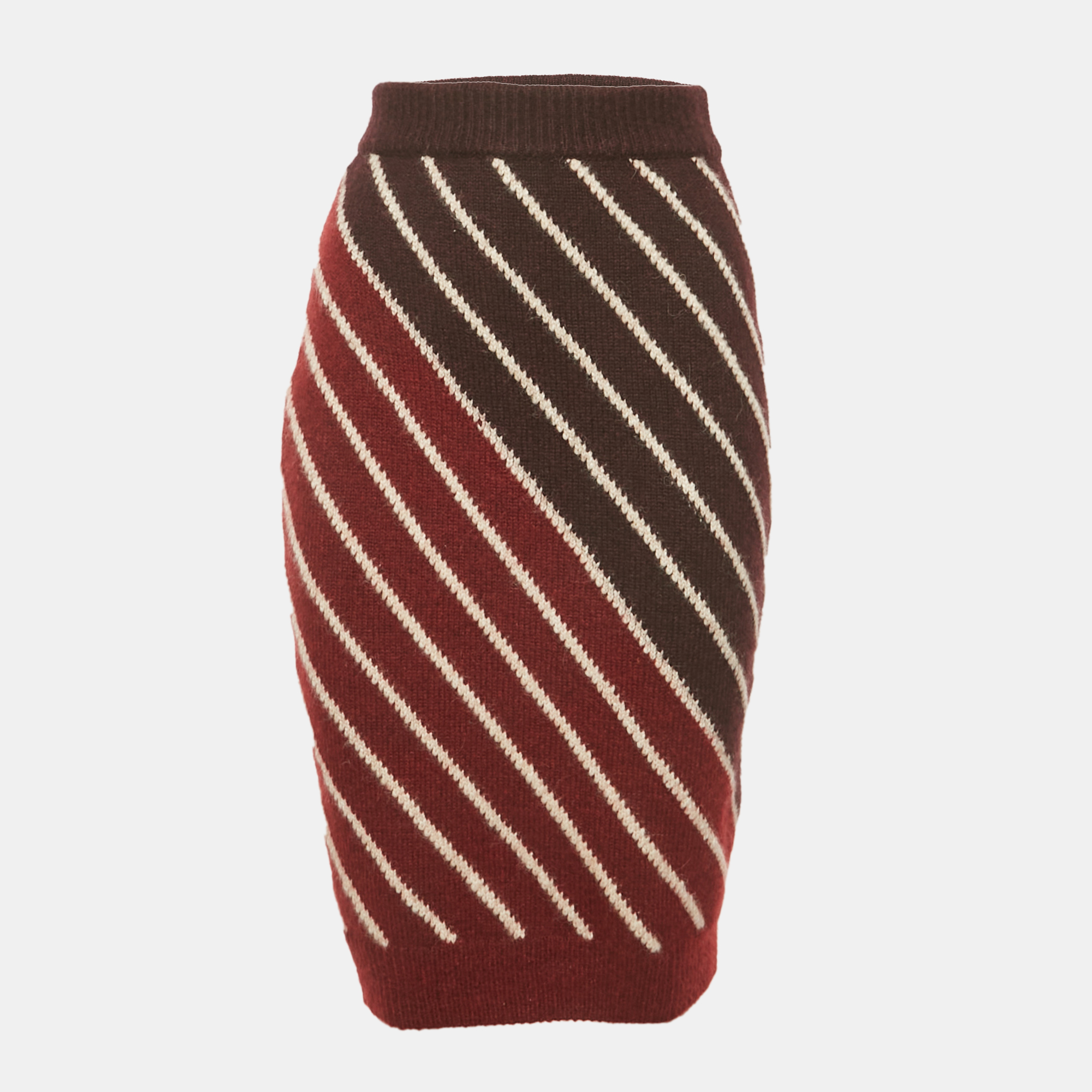 Pre-owned Stella Mccartney Burgundy /red Chevron Patterned Wool Blend Midi Skirt Xs