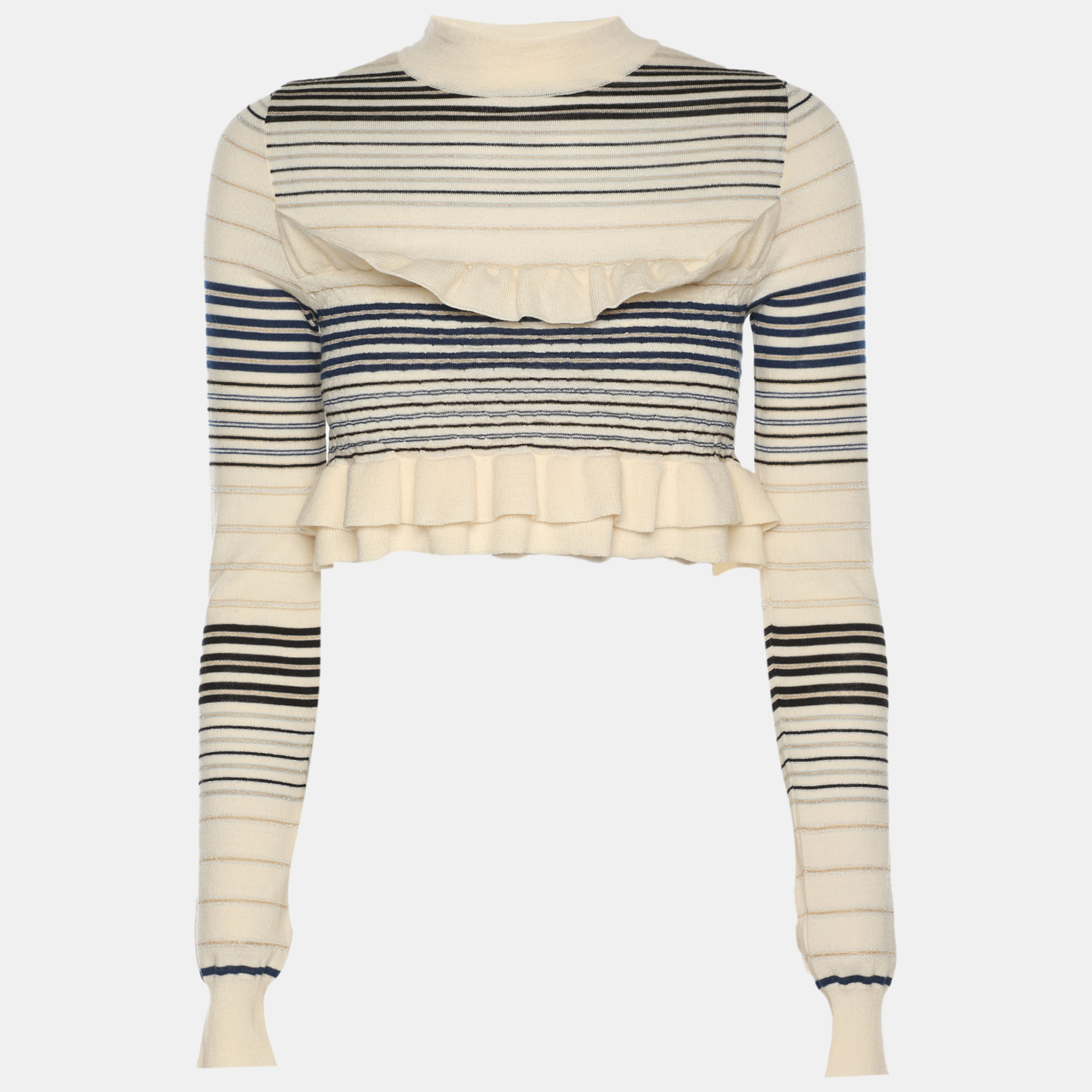 Pre-owned Stella Mccartney Cream/blue Striped Rib Knit Cropped Striped Frill Jumper S In White