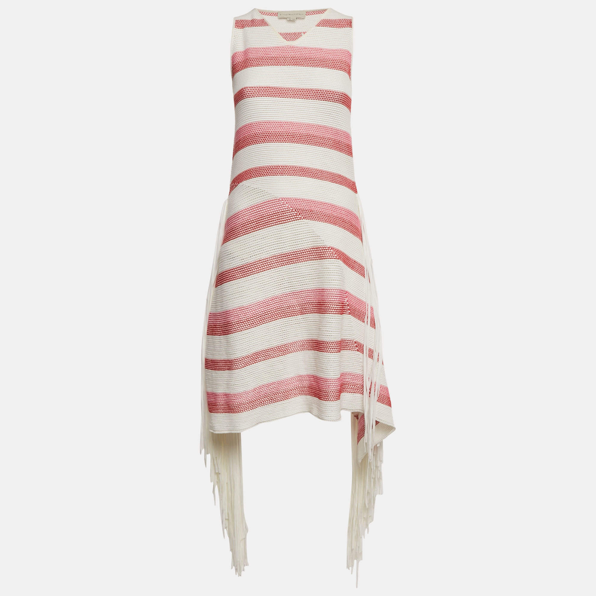 

Stella McCartney White/Pink Open Striped Knit Fringe Detail Dress M