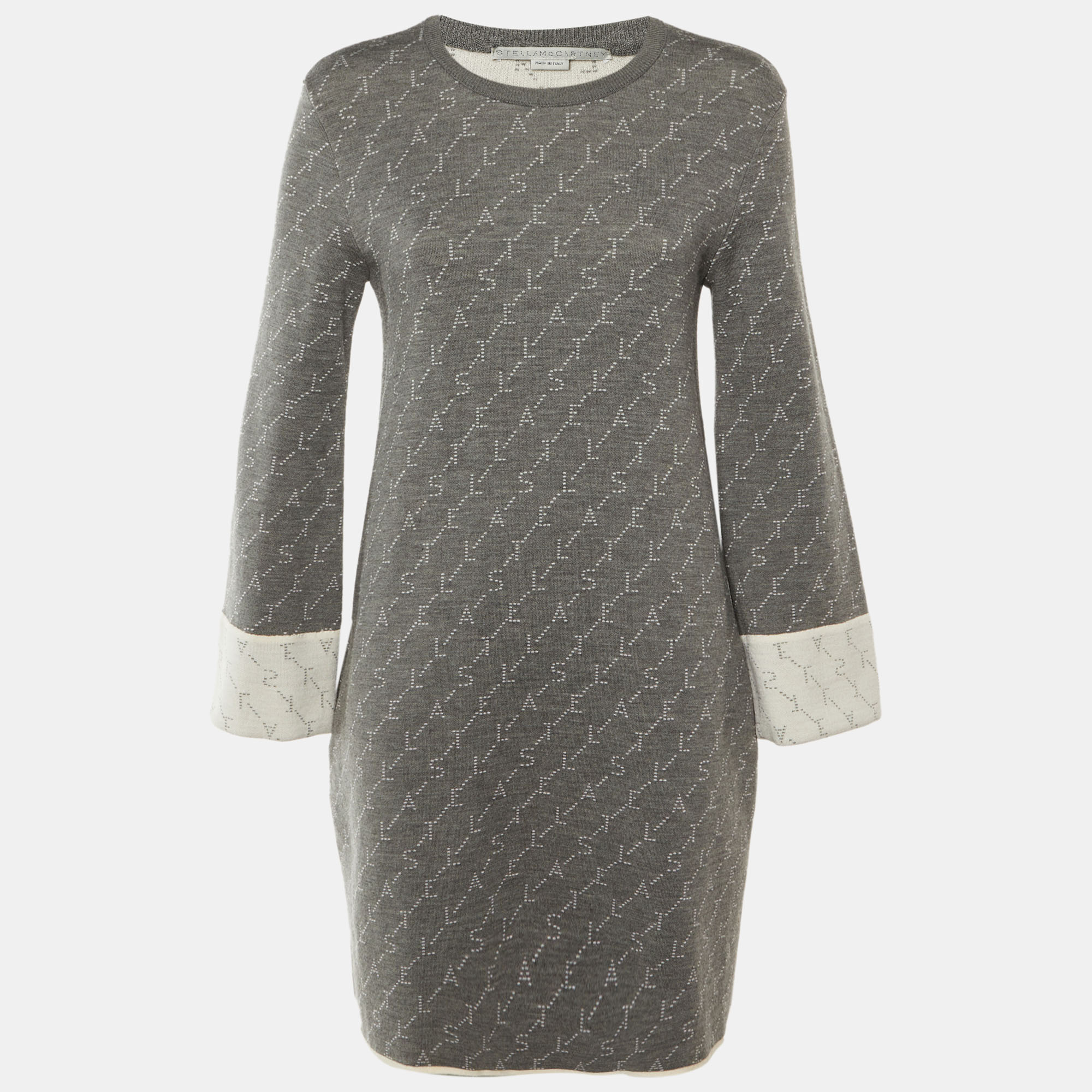 Pre-owned Stella Mccartney Grey /cream Logo Wool Knit Mini Dress M In Gray