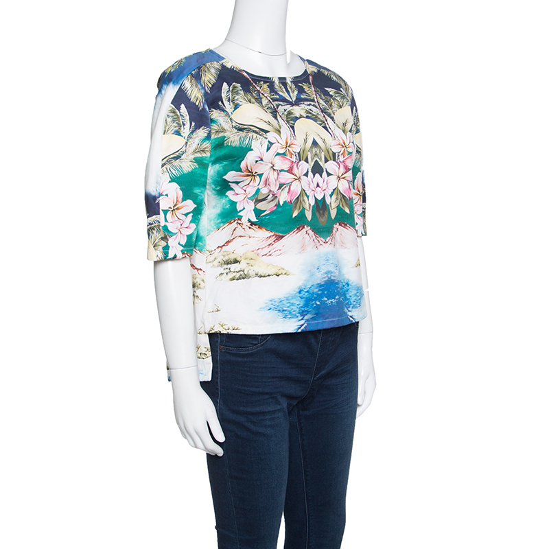 Pre-owned Stella Mccartney Multicolor Hawaiian Print Stretch Cotton Buttoned Back Detail Top M