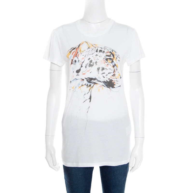 Pre Owned Stella McCartney White Leopard Head Printed Cotton T-Shirt M