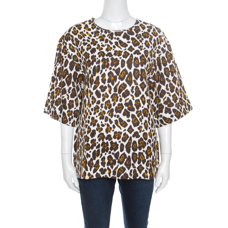 مملوكة مسبقًا Stella McCartney Cream Animal Print Linen Short Sleeve Oversized Blouse M