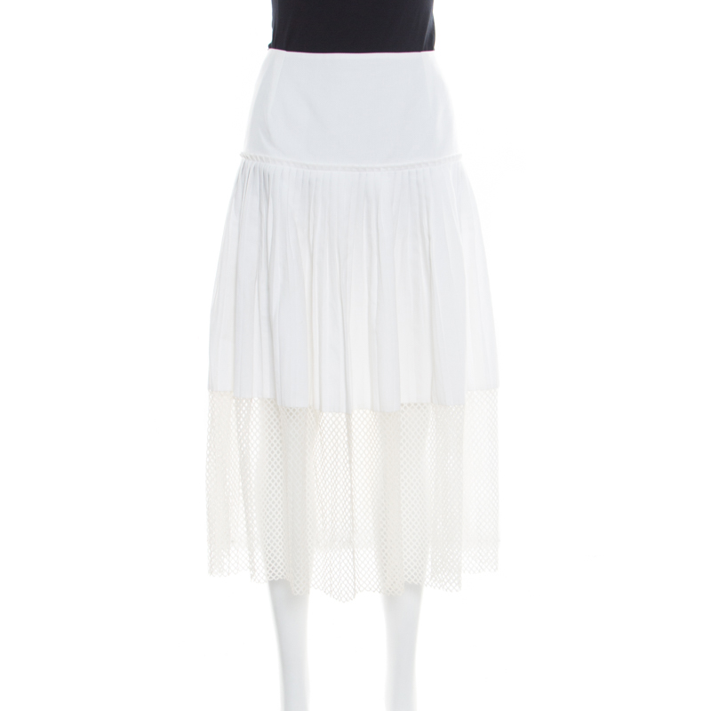Pre Owned Stella McCartney White Cotton Pleated Mesh Hem Detail Midi Skirt M