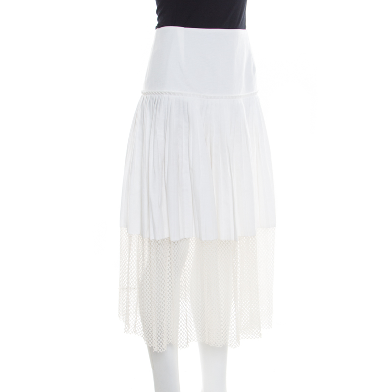 

Stella McCartney White Cotton Pleated Mesh Hem Detail Midi Skirt