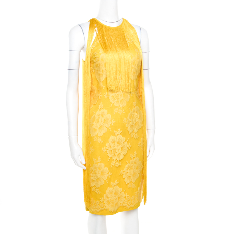 

Stella McCartney Canary Yellow Floral Lace Overlay Fringed Halter Dress