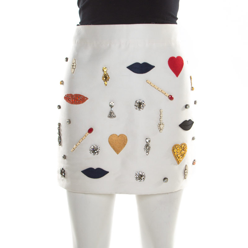 Pre Owned Stella McCartney White Embellished Applique Detail Rex Mini Skirt M
