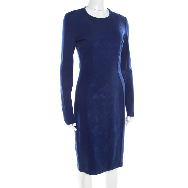 

Stella McCartney Cobalt Blue Embossed Jacquard Front Panel Detail Long Sleeve Dress