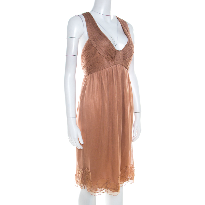 

Stella McCartney Caramel Brown Ruched Silk Overlay Floral Applique Detail Sleeveless Dress, Beige