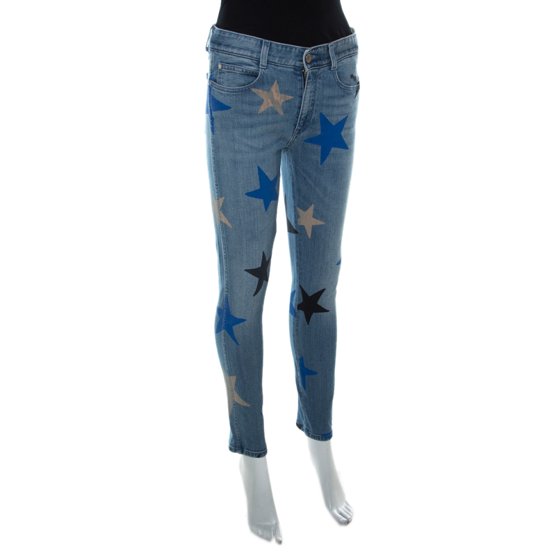

Stella McCartney Blue Stretch Denim Star Print Skinny Fit Jeans