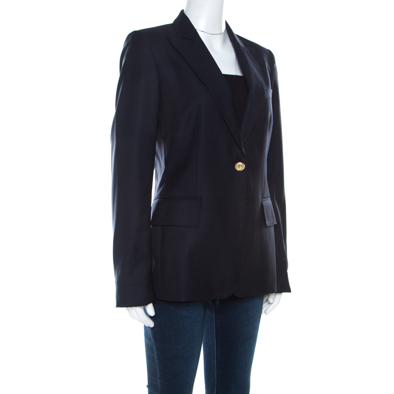 

Stella McCartney Navy Blue Wool Gold Button Detail Single Button Blazer