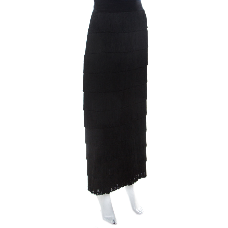 

Stella McCartney Black Silk Tiered Fringe Annika Maxi Skirt