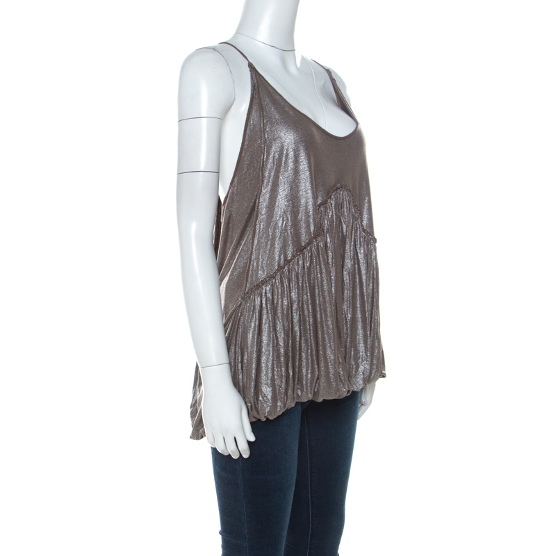 

Stella McCartney Metallic Silver and Brown Jersey Halter Neck Top