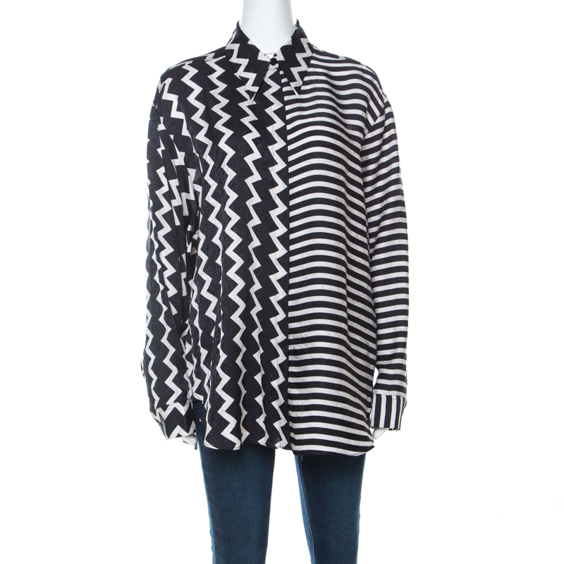 Stella McCartney Black & White Chevron & Stripes Printed Silk Moire Shirt M 
