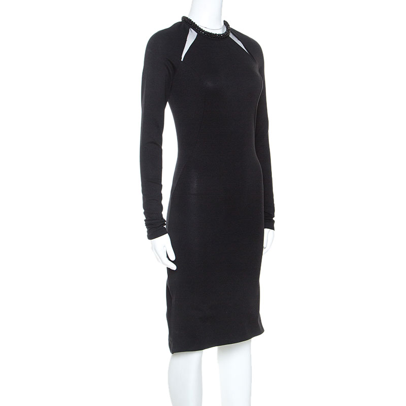 

Stella McCartney Black Jersey Mesh Insert Embellished Collar Dress