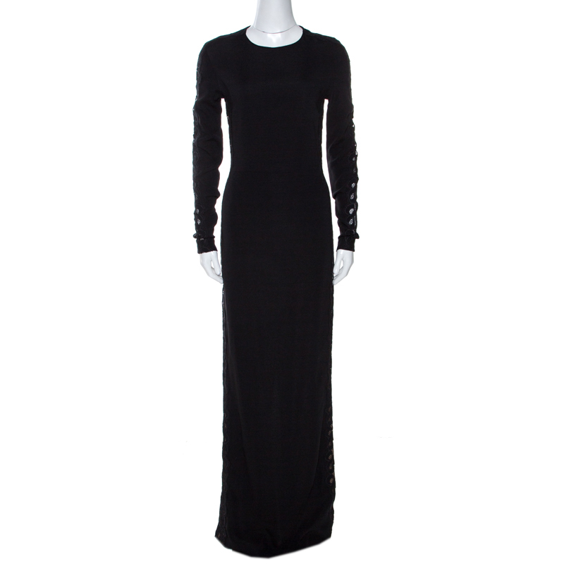 Pre-owned Stella Mccartney Black Crepe Lace Trim Maxi Dress S
