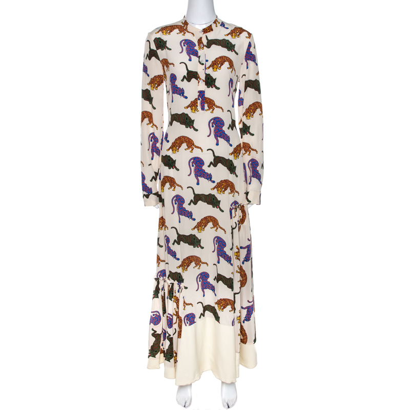 Pre Owned Stella McCartney Cream Wild Cat Print Silk Maxi Dress M