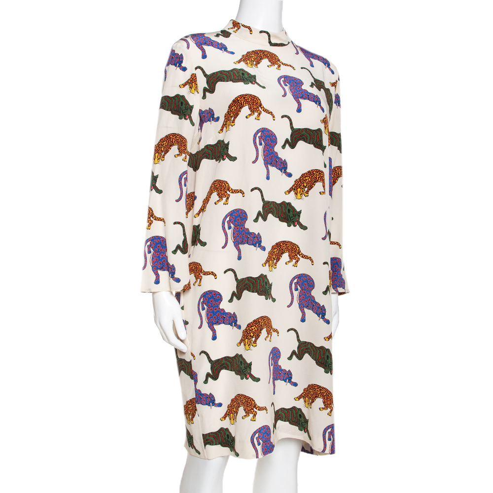 

Stella McCartney Cream Wild Cat Print Silk Short Dress