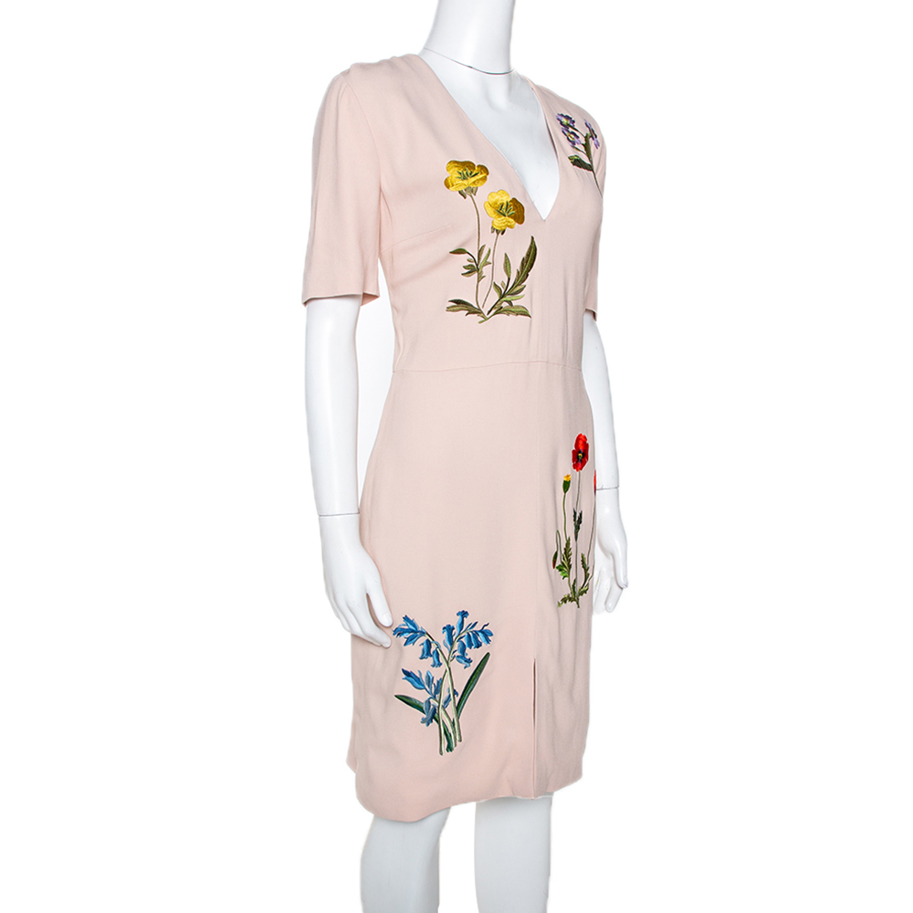 

Stella McCartney Beige Floral Embroidered Crepe V Neck Sheath Dress