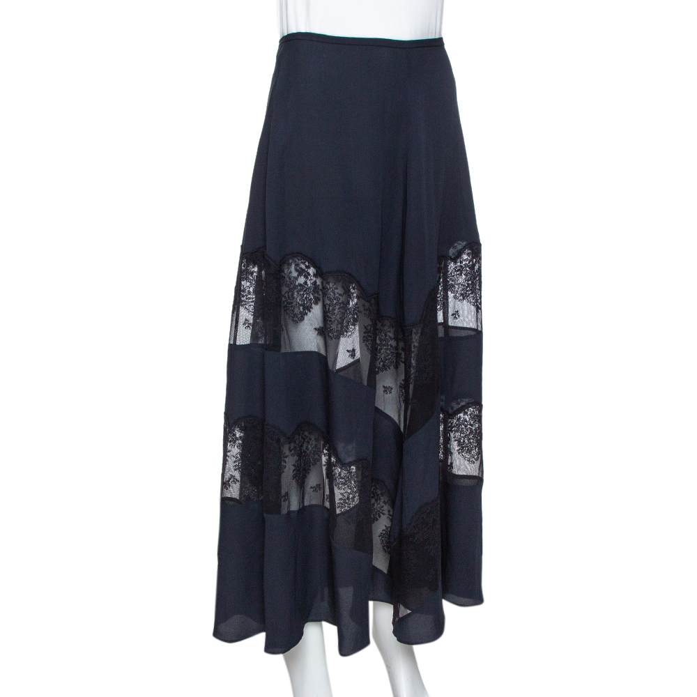 

Stella McCartney Midnight Blue Silk & Lace Paneled Maxi Skirt