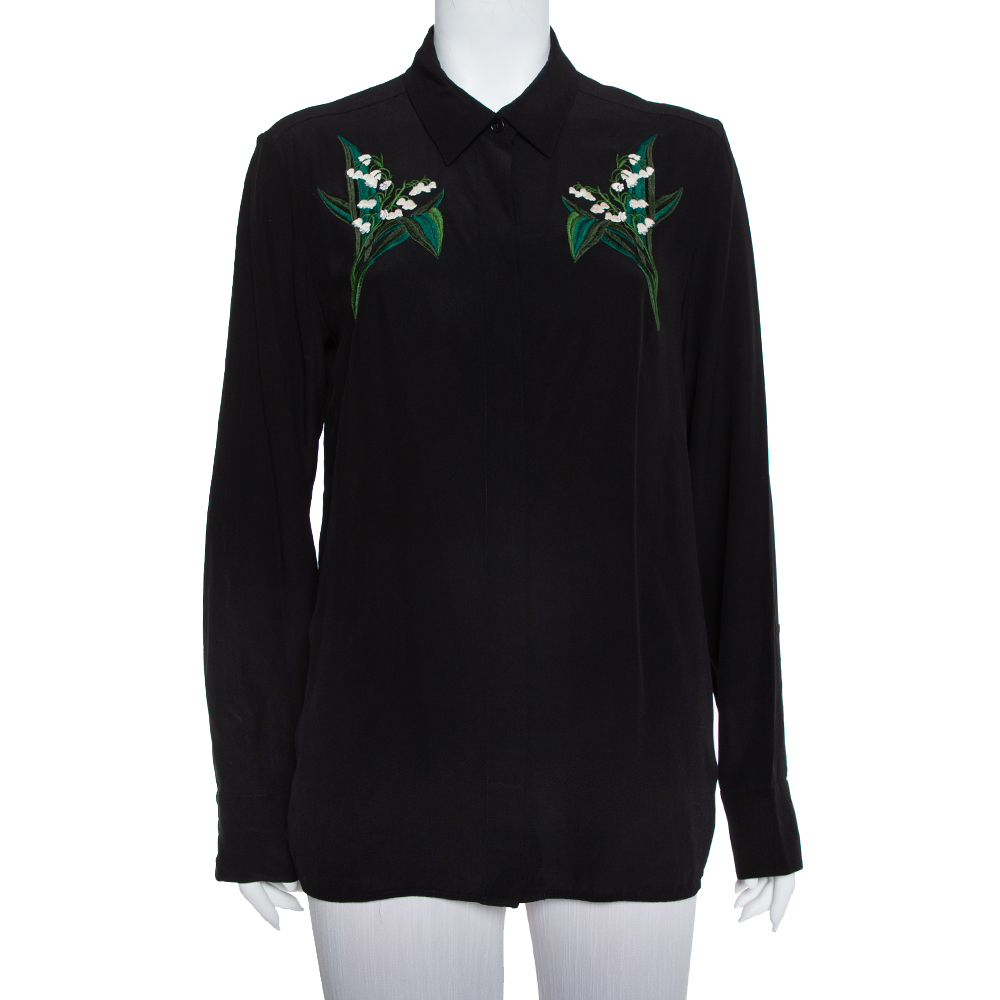 Pre-owned Stella Mccartney Black Silk Embroidery Detail Button Front Shirt M