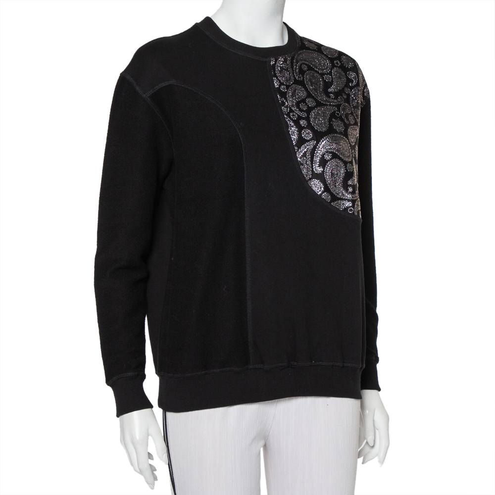 

Stella McCartney Black Cotton Knit Paisley Jacquard Patch Detail Sweatshirt