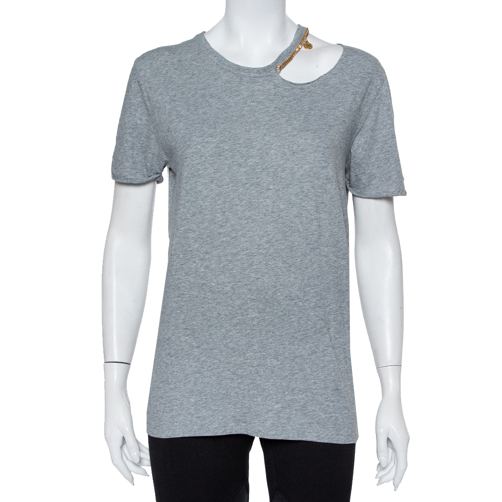 Pre-owned Stella Mccartney Grey Cotton Chain Trim Cutout Shoulder Detail Crewneck T-shirt M