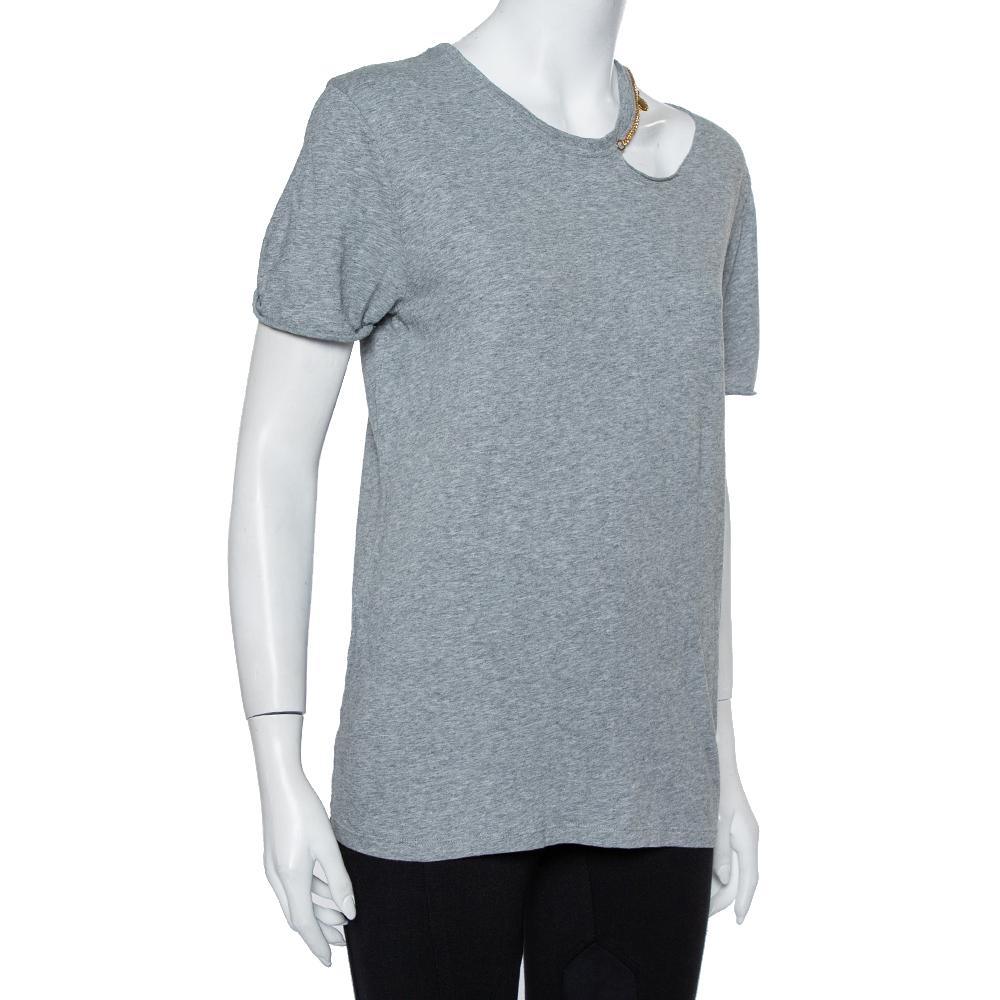 

Stella McCartney Grey Cotton Chain Trim Cutout Shoulder Detail Crewneck T-Shirt