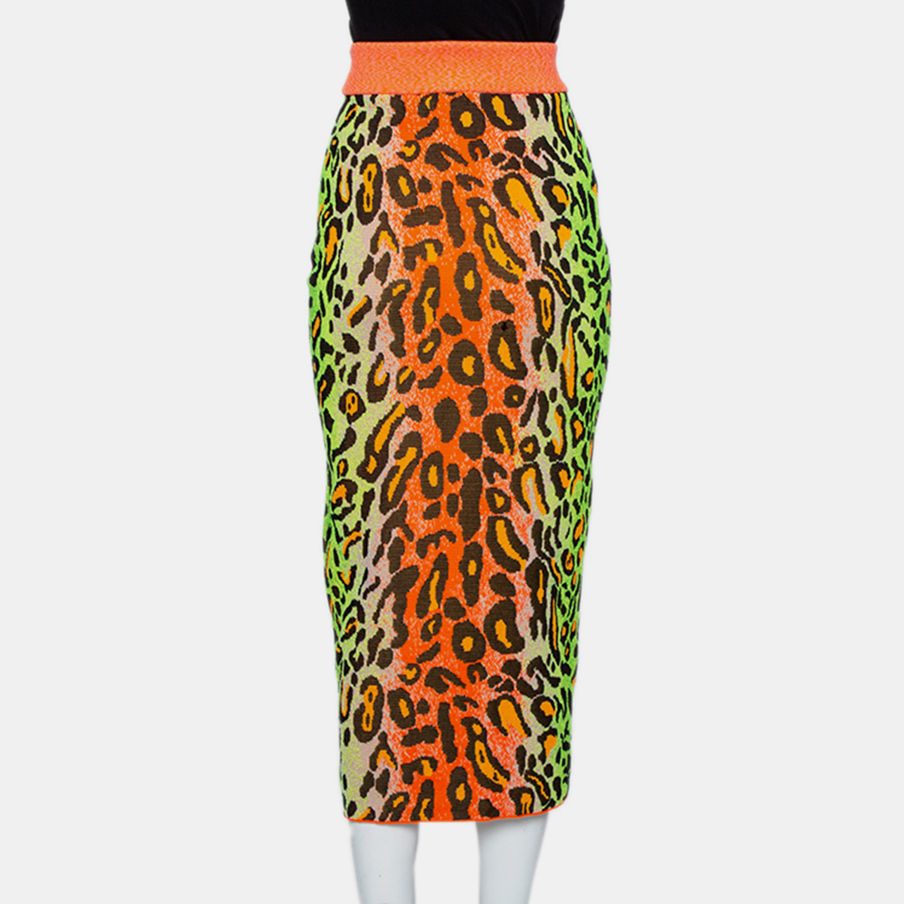 Pre-owned Stella Mccartney Multicolor Neon Leopard Knit Fitted Midi Skirt M
