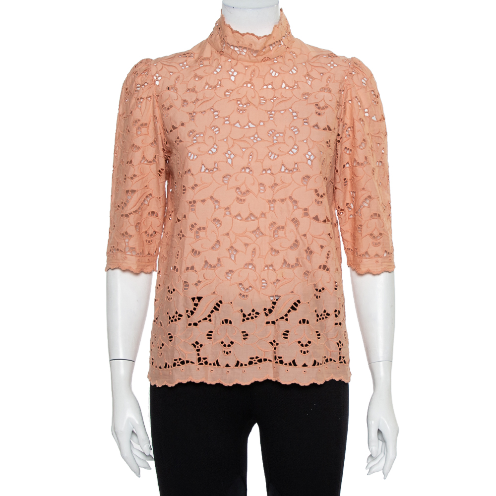 Pre-owned Stella Mccartney Pink Eyelet Lace Back Button Detail Top S