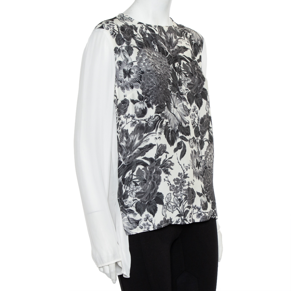 

Stella McCartney Monochrome Floral Printed Silk Asymmetric Hem Detail Top, White