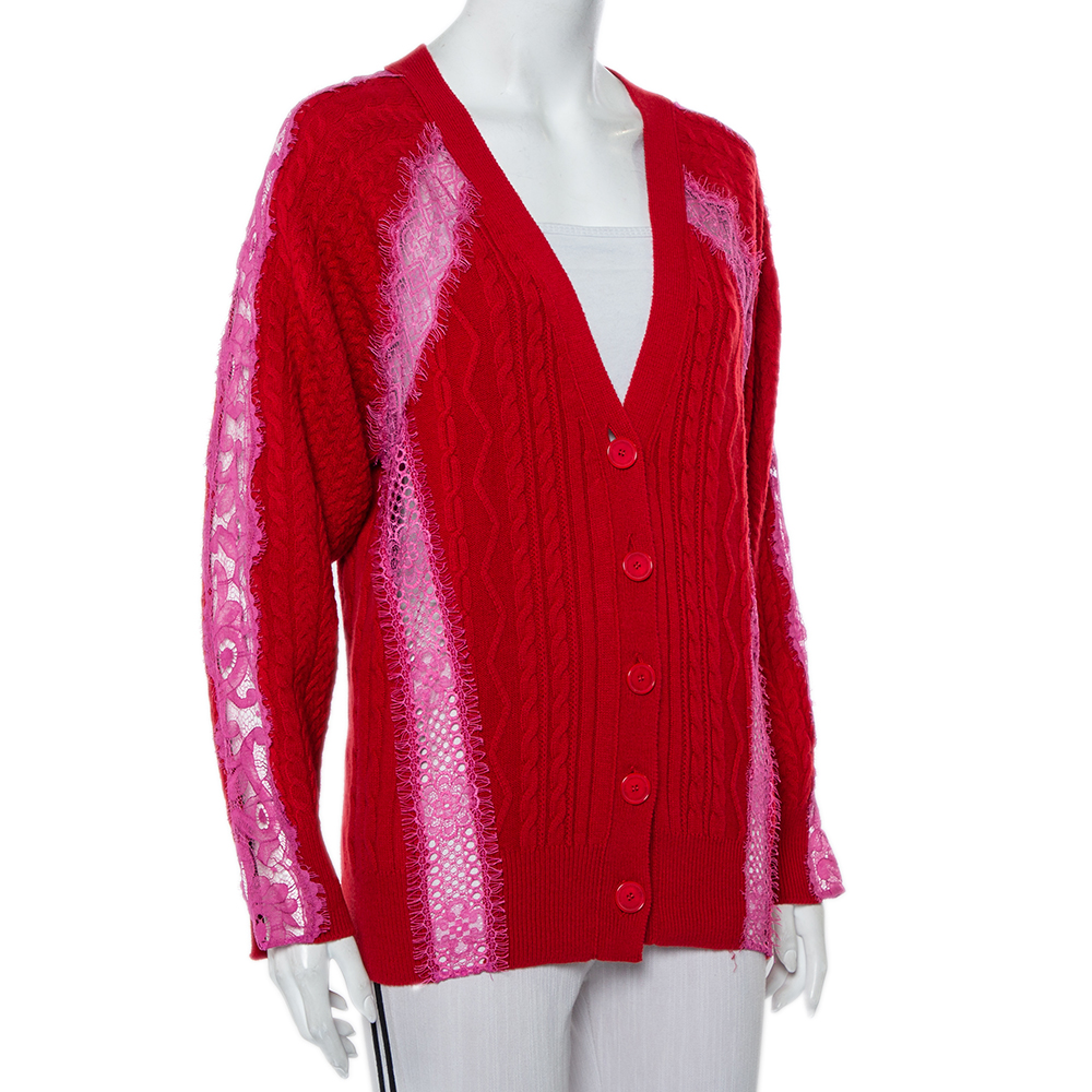 

Stella McCartney Red Wool & Lace Paneled Button Front Cardigan