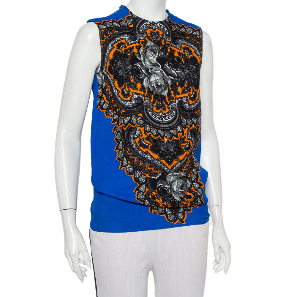 

Stella McCartney Blue Printed Crepe Shoulder Zip Detail Sleeveless Top
