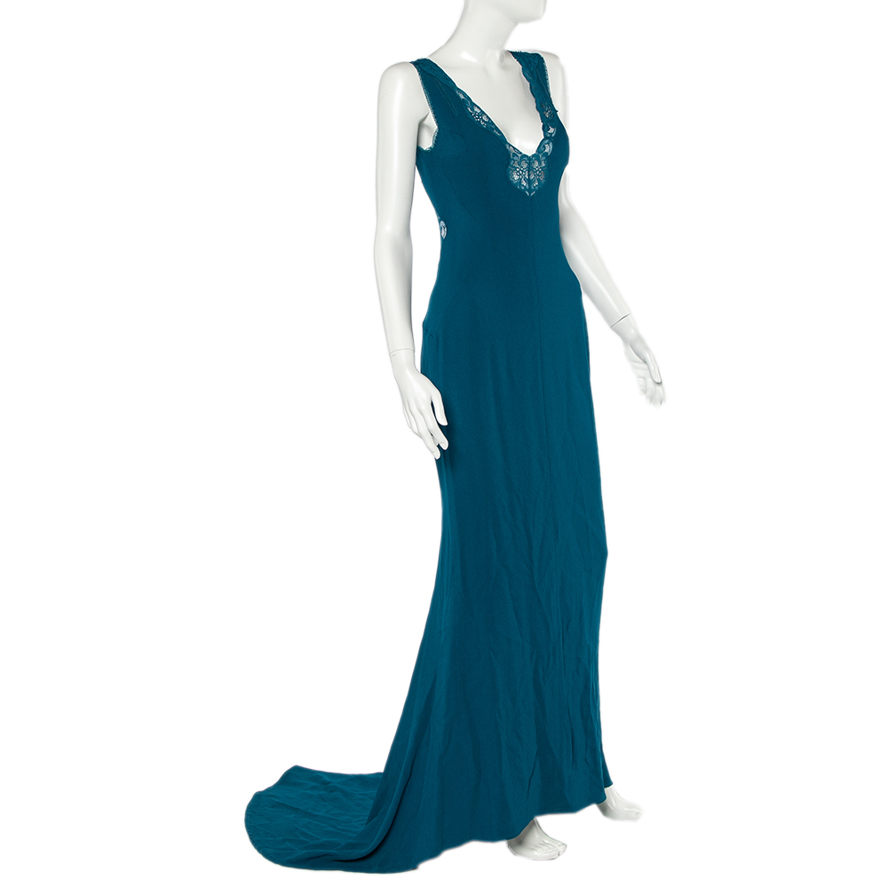 

Stella McCartney Teal Green Crepe Lace Trim Detail Sleeveless Trail Gown