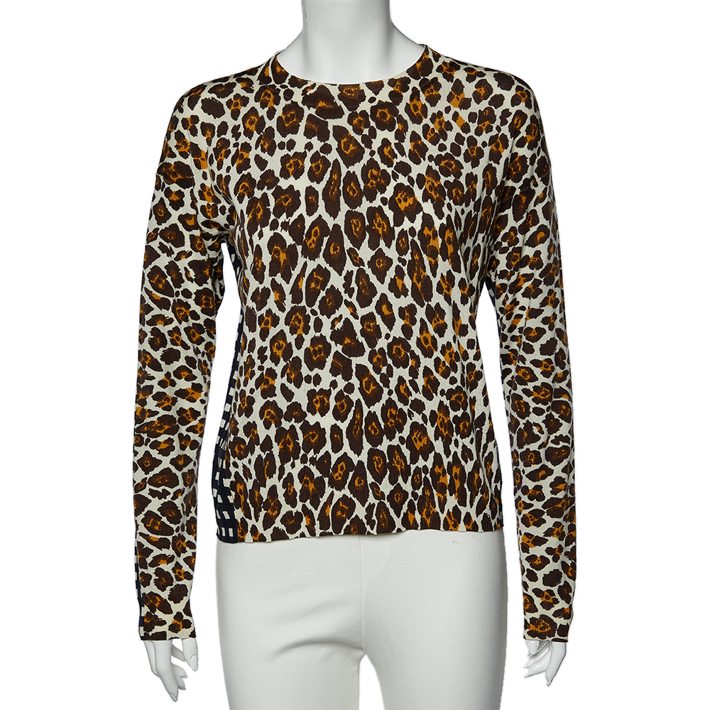 

Stella McCartney White Leopard And Check Print Wool Long Sleeve Sweater