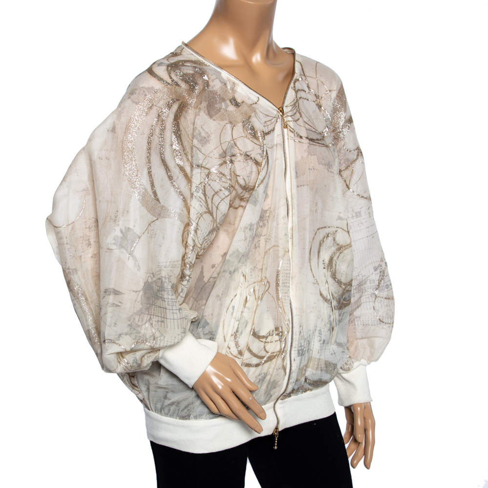 

Stella McCartney Cream & Gold Foil Printed Cotton Draped Lightweight Bomber Jacket