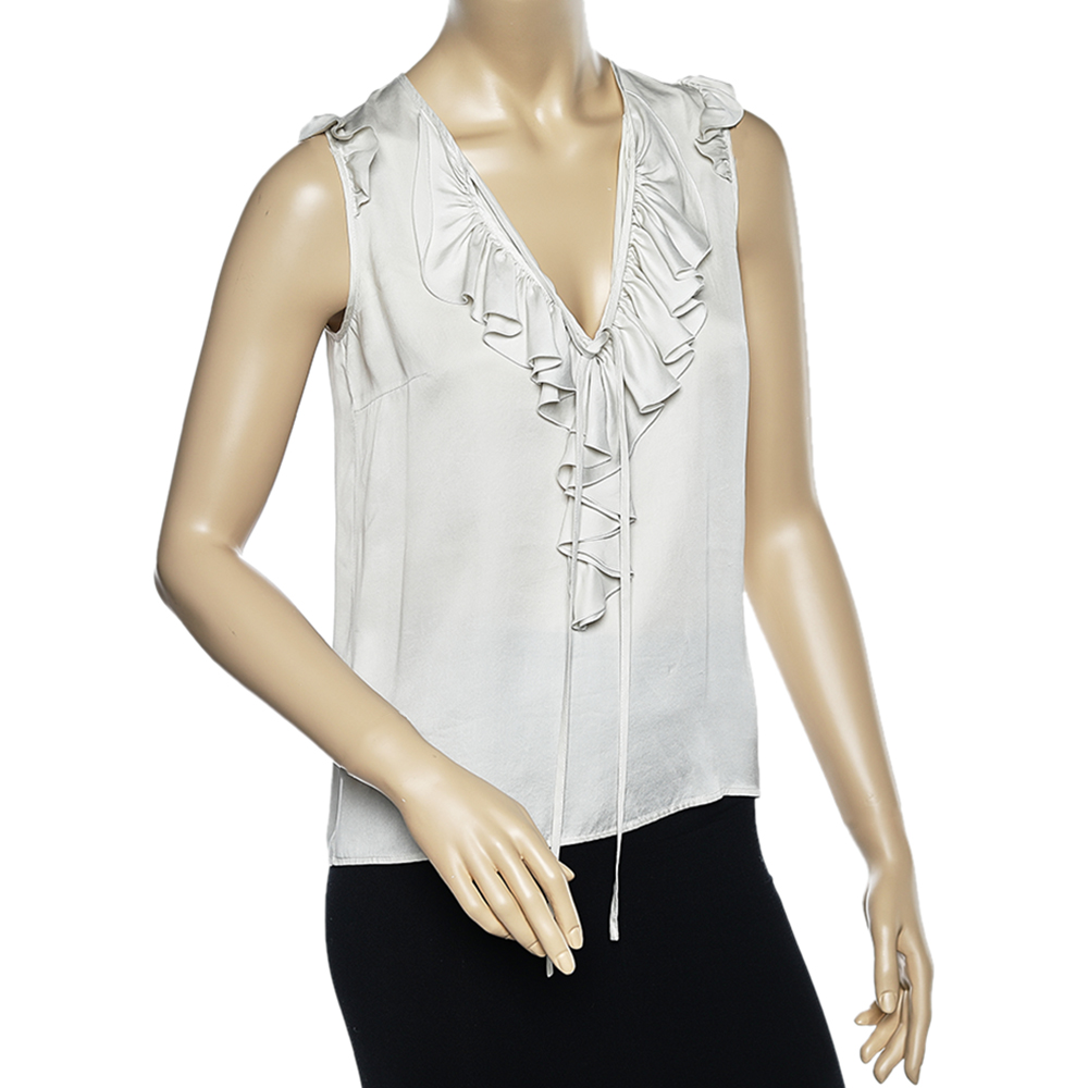 

Stella McCartney Off White Silk Satin Ruffled Neck Top