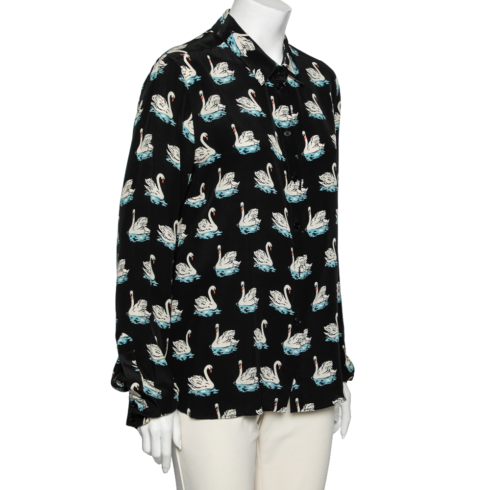 

Stella McCartney Black Swan Printed Silk Button Front Shirt