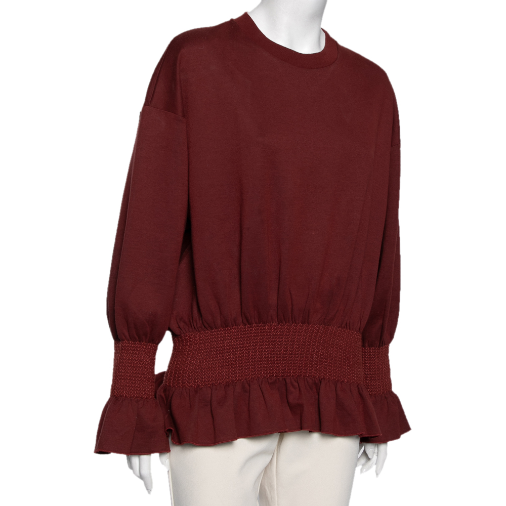 

Stella McCartney Burgundy Cotton Shirred and Pleated Hem Detailed Blouse