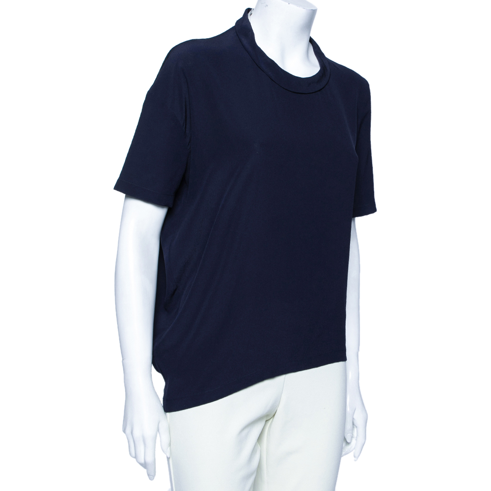 

Stella McCartney Navy Blue Silk Round Neck Short Sleeve Top