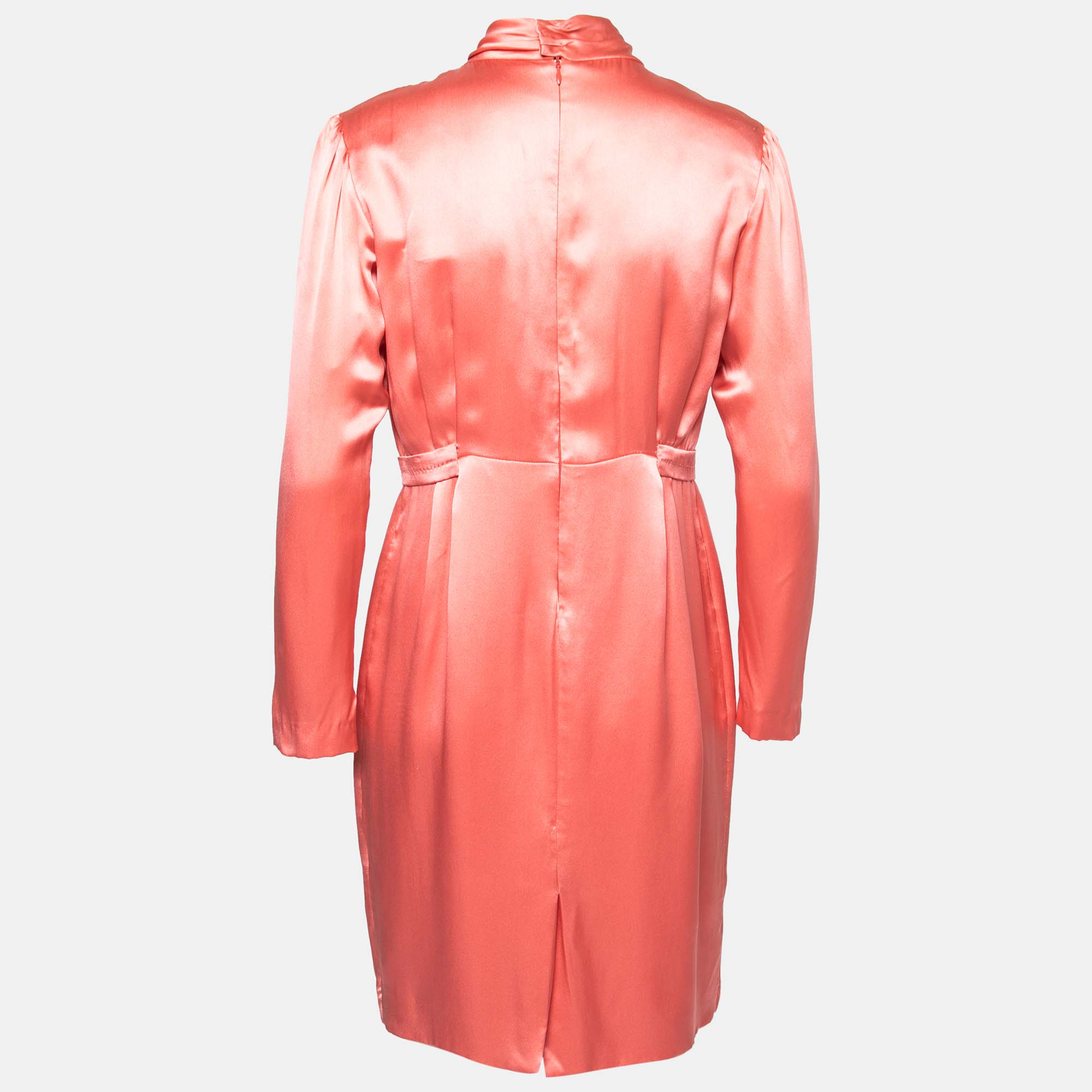 

Stella McCartney Coral Pink Silk Satin Bow Detail Pleated Dress