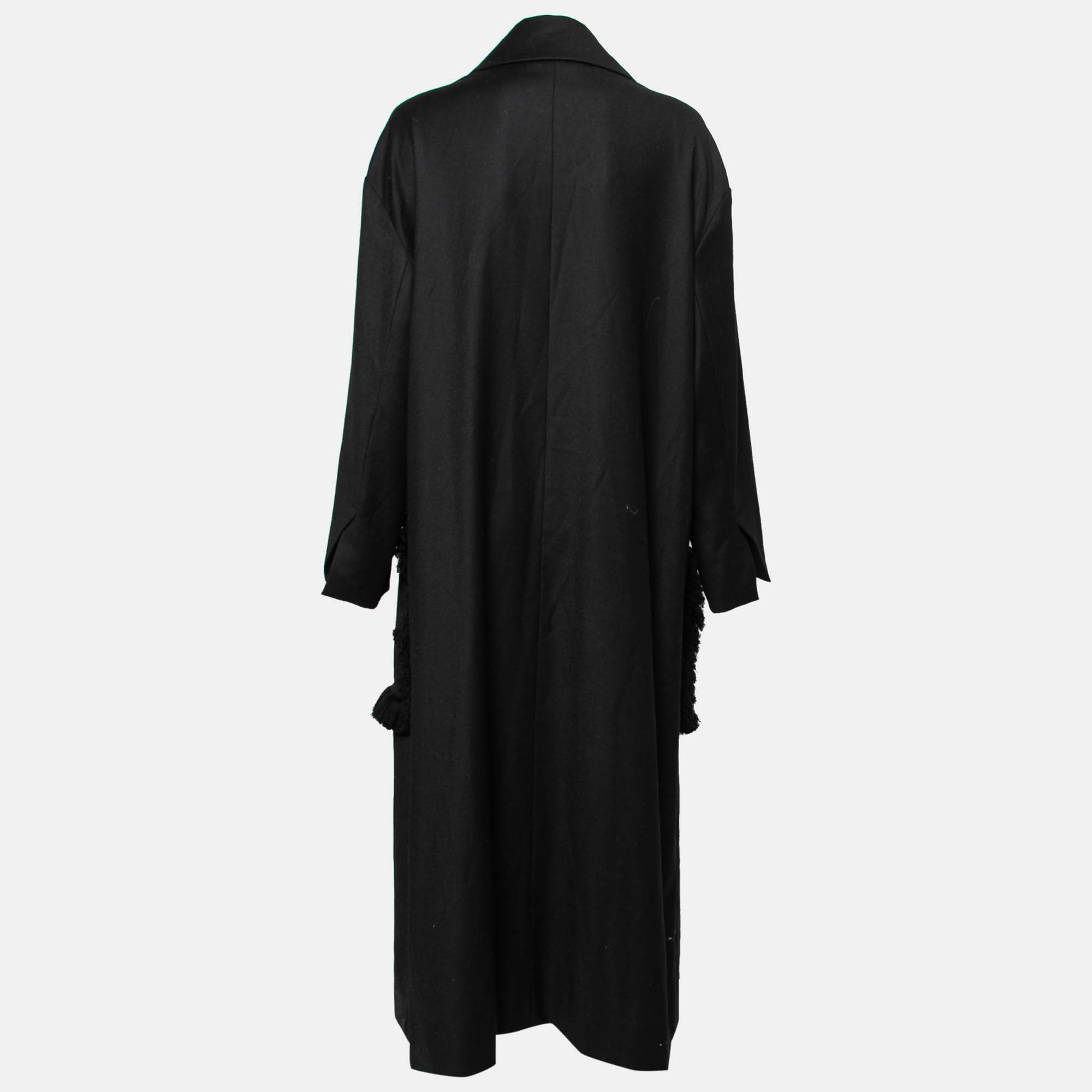 

Stella McCartney Black Wool Fringe Trim Pockets Long Coat