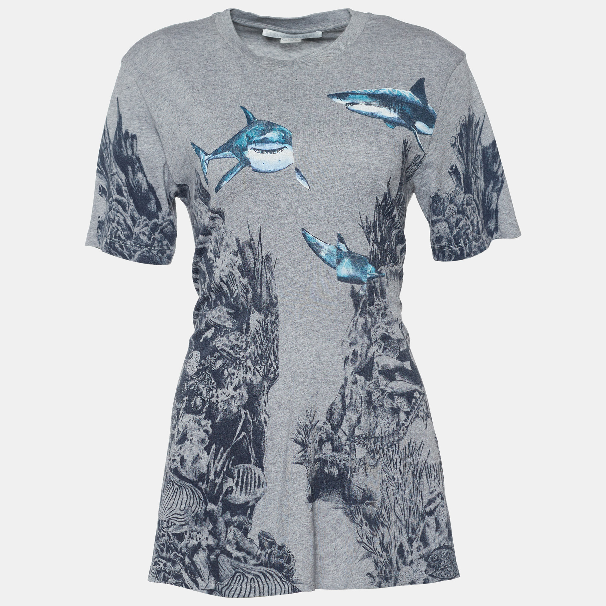 

Stella McCartney Grey Shark Print Melange Cotton Crew Neck T-Shirt