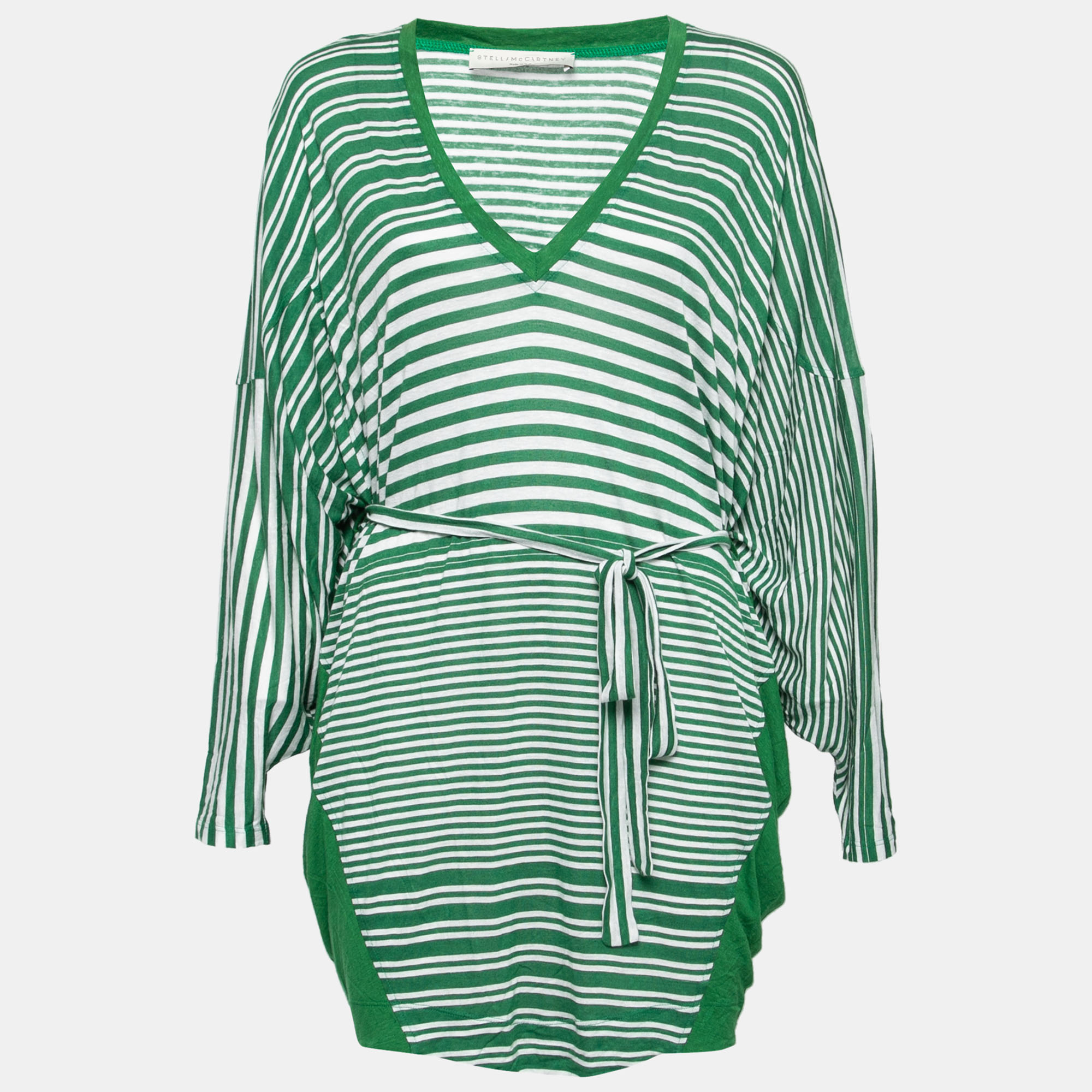 

Stella McCartney Green Striped Linen Blend Knit Oversized Belted Mini Dress