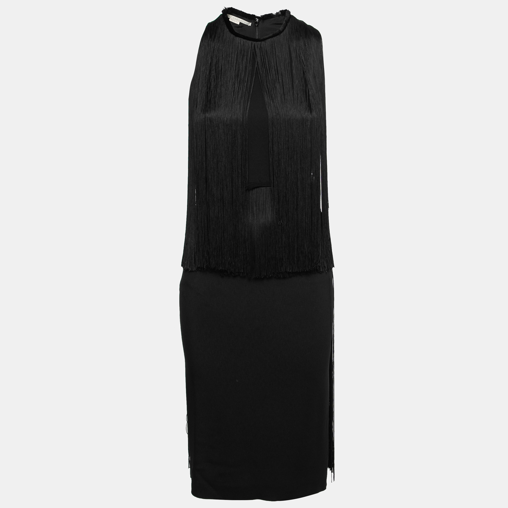 Pre-owned Stella Mccartney Black Crepe Fringed Midi Dress Xs