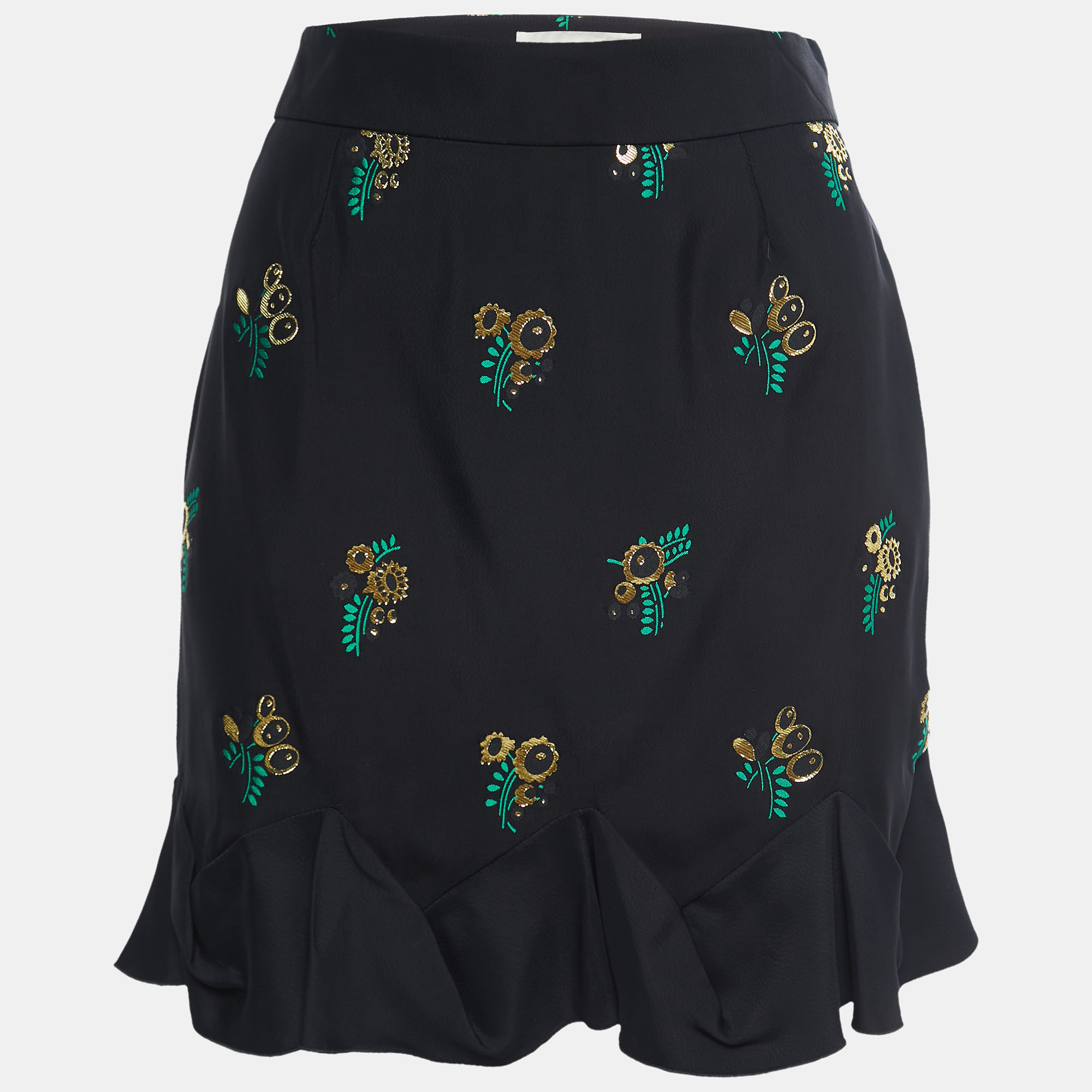 Pre-owned Stella Mccartney Black Patterned Crepe Ruffle Trimmed Skirt S
