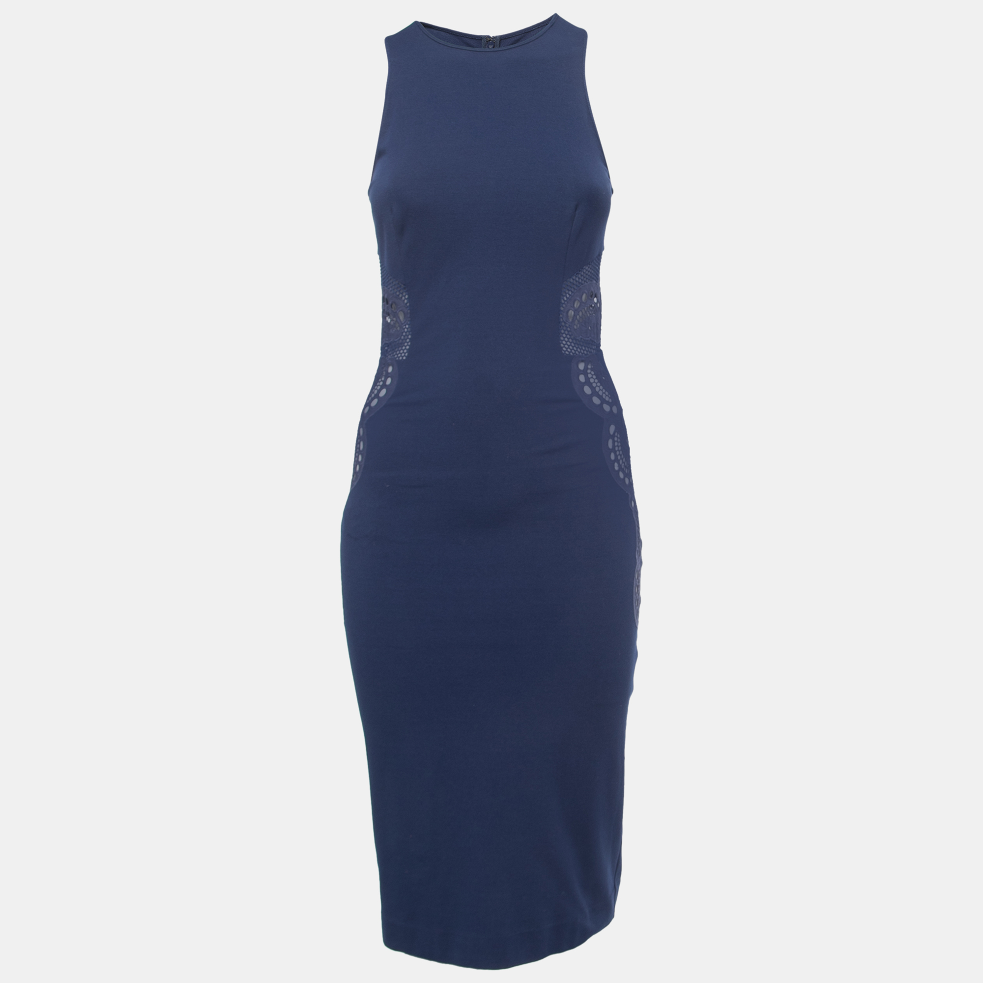

Stella McCartney Navy Blue Jersey Lace Applique Sleeveless Sheath Dress