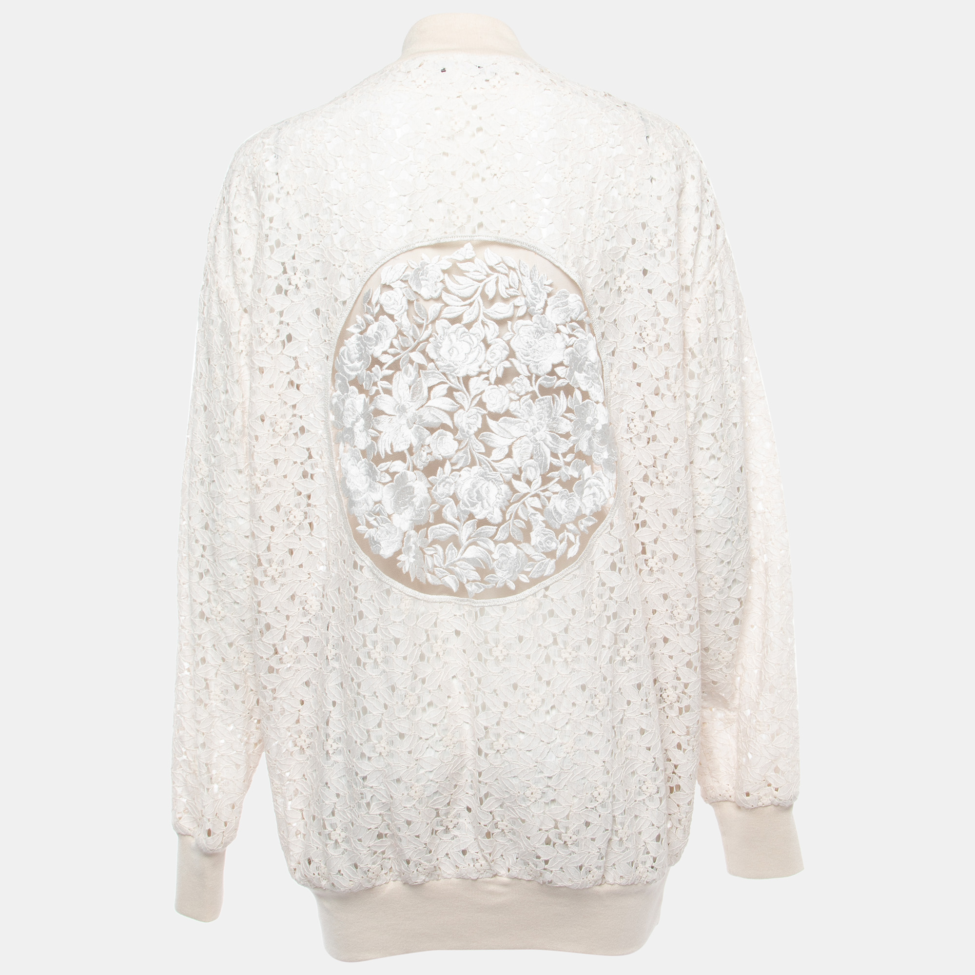 

Stella McCartney Cream Embroidered Cotton Blend Corded Lace Zip Front Bomber Jacket