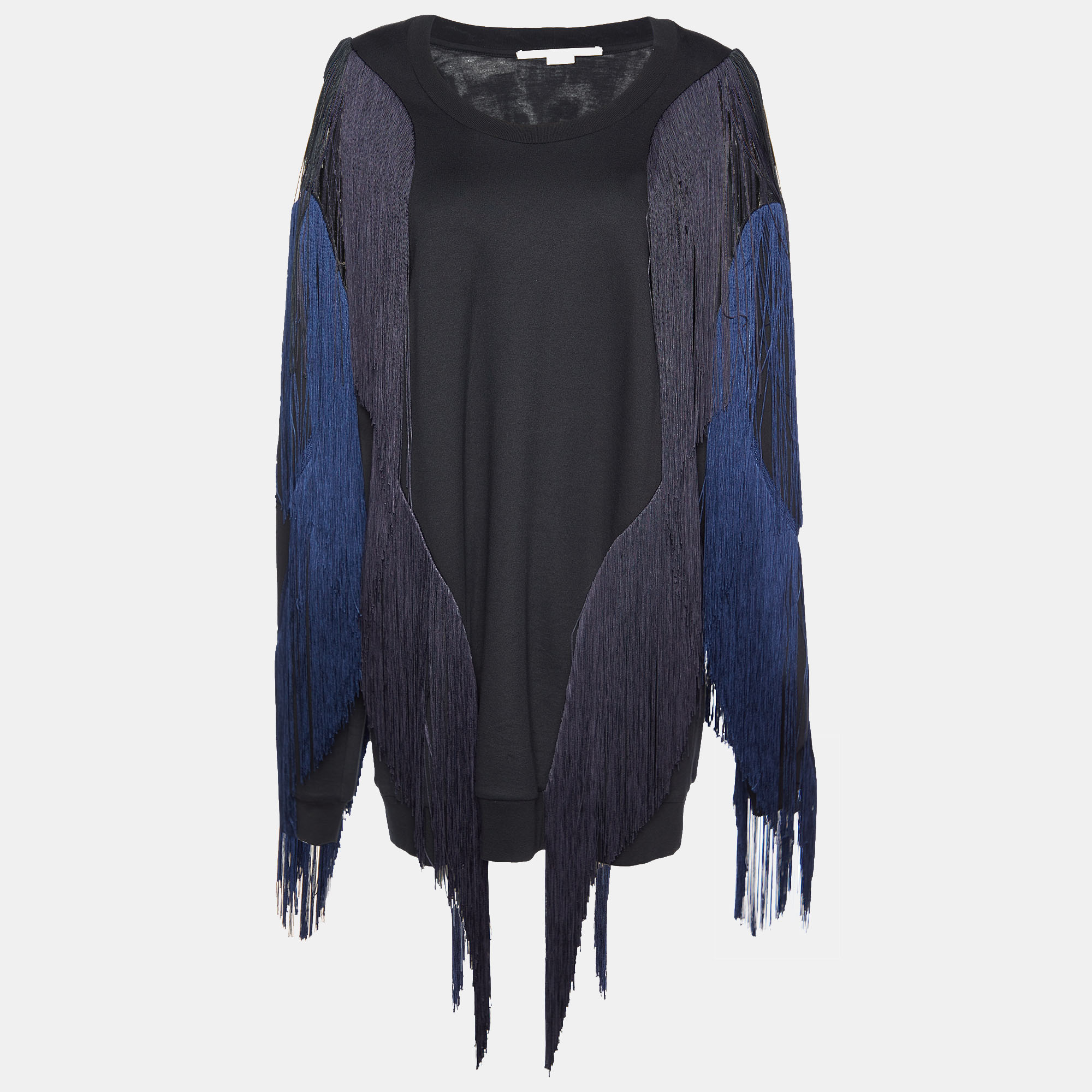 Pre-owned Stella Mccartney Black Cotton Knit Fringed Sweater Mini Dress L